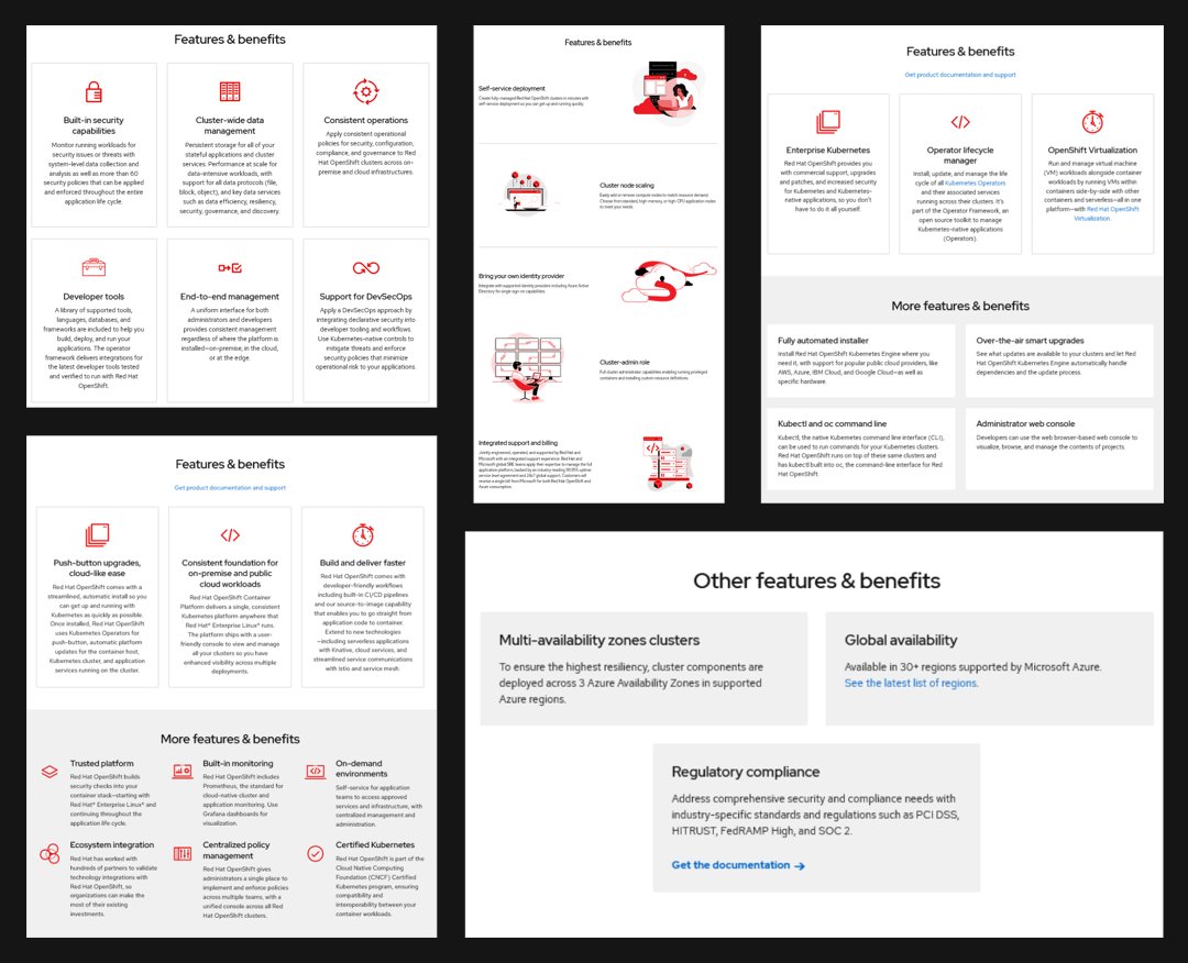 Examples of variation in the features section of Red Hat product pages