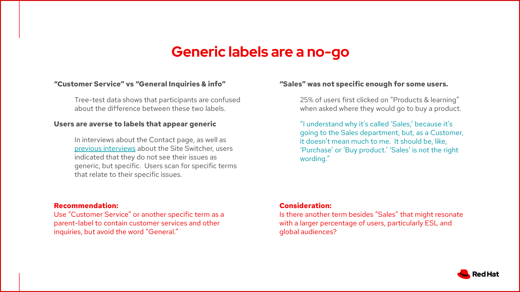 A slide showing why users dislike generic labels on websites